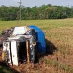 Truk Fuso Muatan Sembako Tergelinci Masuk Ketepian Sawah Di Jalan Lintas Timur Way Jepara