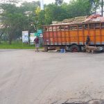 Mobil Truk Mitsubishi Fuso Muatan Kayu Karet Nyaris Terguling di Jalan Raya Stadion Metro